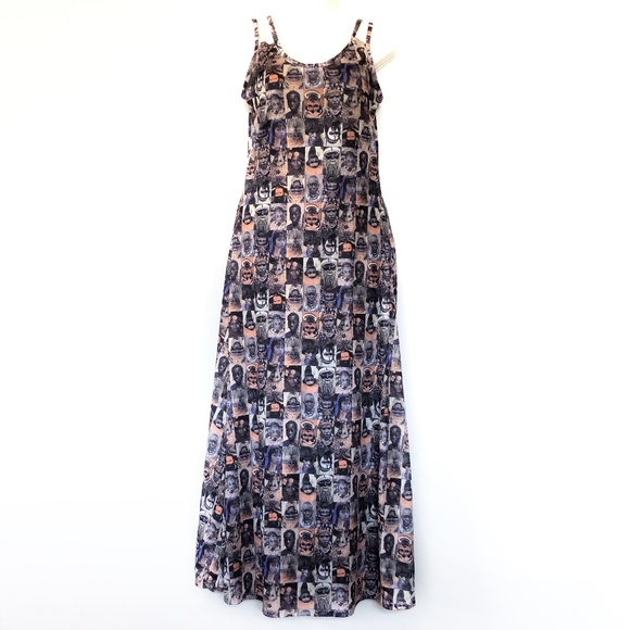 Vintage Dresses & Skirts - Rare Indigenous Face Print Maxi Dress Cultural Med